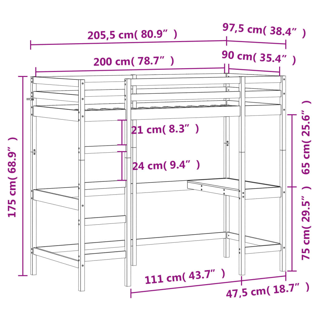 højseng med skrivebord 90x200 cm massivt fyrretræ gyldenbrun