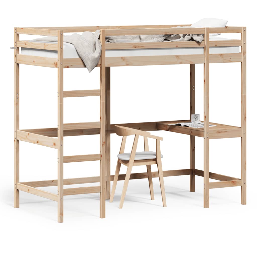 højseng med skrivebord 90x190 cm massivt fyrretræ