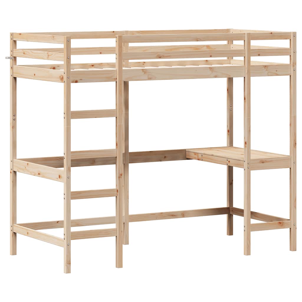 højseng med skrivebord 90x190 cm massivt fyrretræ