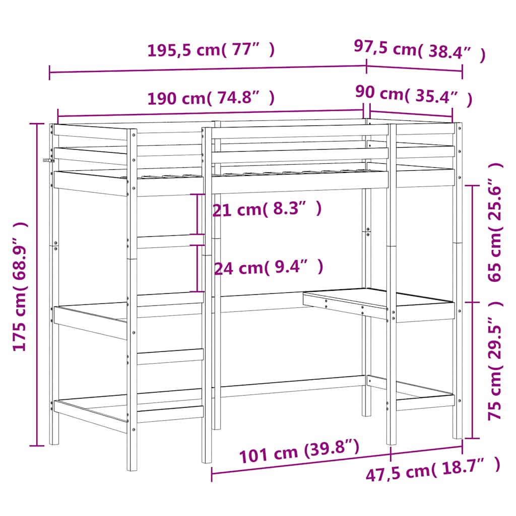 højseng med skrivebord 90x190 cm massivt fyrretræ