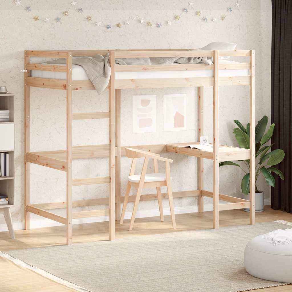 højseng med skrivebord 90x190 cm massivt fyrretræ