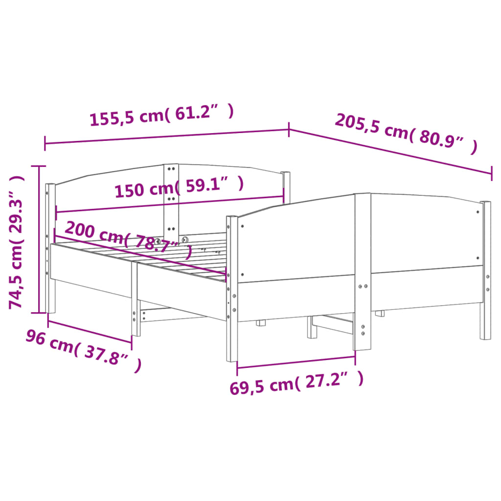 sengeramme uden madras 150x200 cm massivt fyrretræ