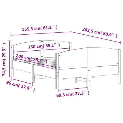 sengeramme uden madras 150x200 cm massivt fyrretræ hvid