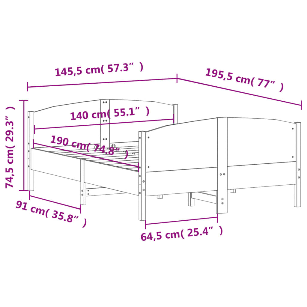 sengeramme uden madras 140x190 cm massivt fyrretræ hvid