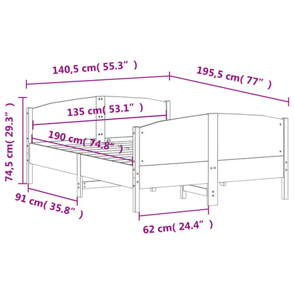 sengeramme uden madras 135x190 cm massivt fyrretræ hvid
