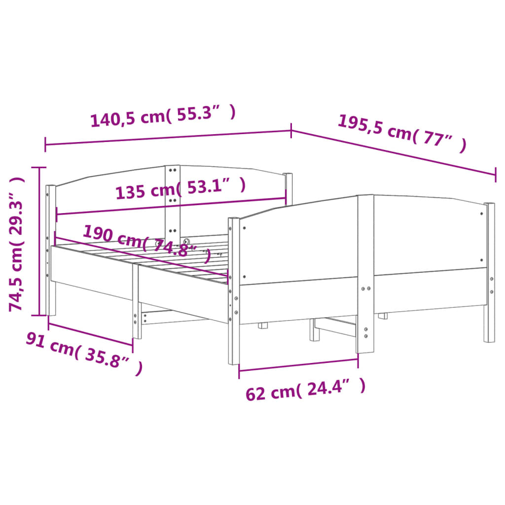 sengeramme uden madras 135x190 cm massivt fyrretræ hvid