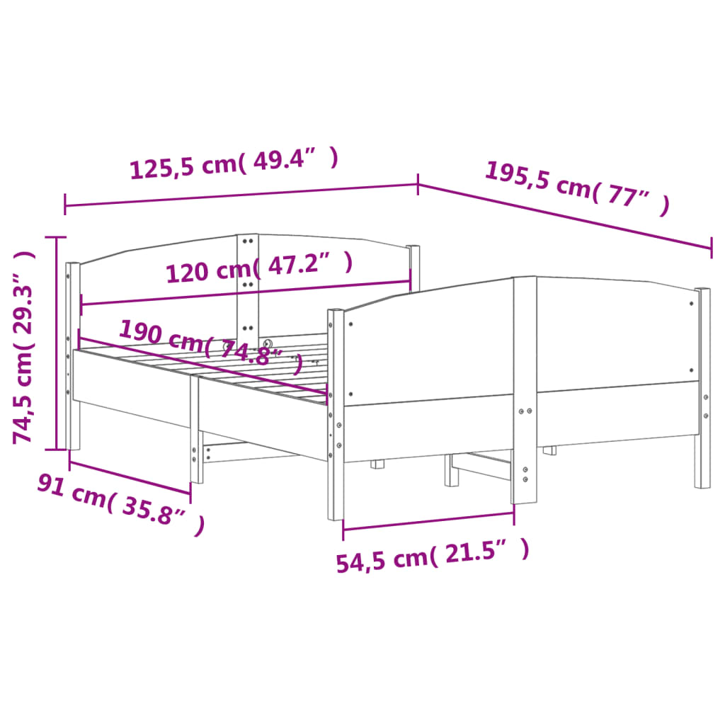 sengeramme uden madras 120x190 cm massivt fyrretræ hvid