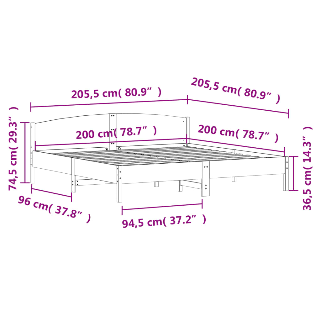 sengeramme uden madras 200x200 cm massivt fyrretræ