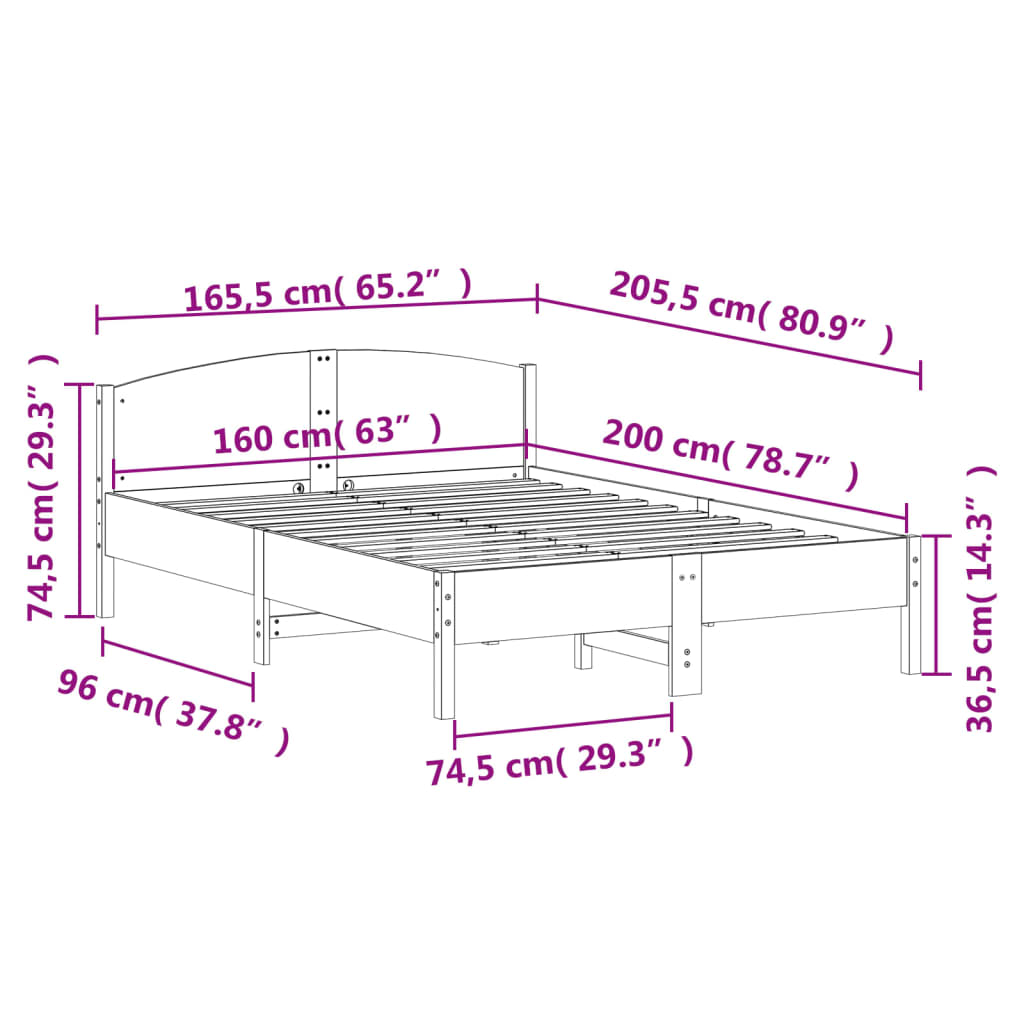 sengeramme uden madras 160x200 cm massivt fyrretræ hvid