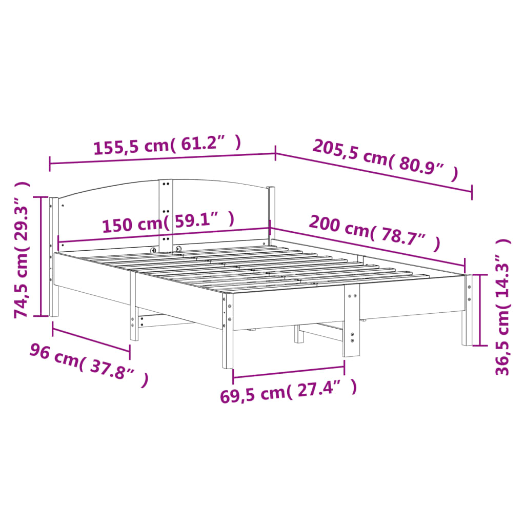 sengeramme uden madras 150x200 cm massivt fyrretræ hvid