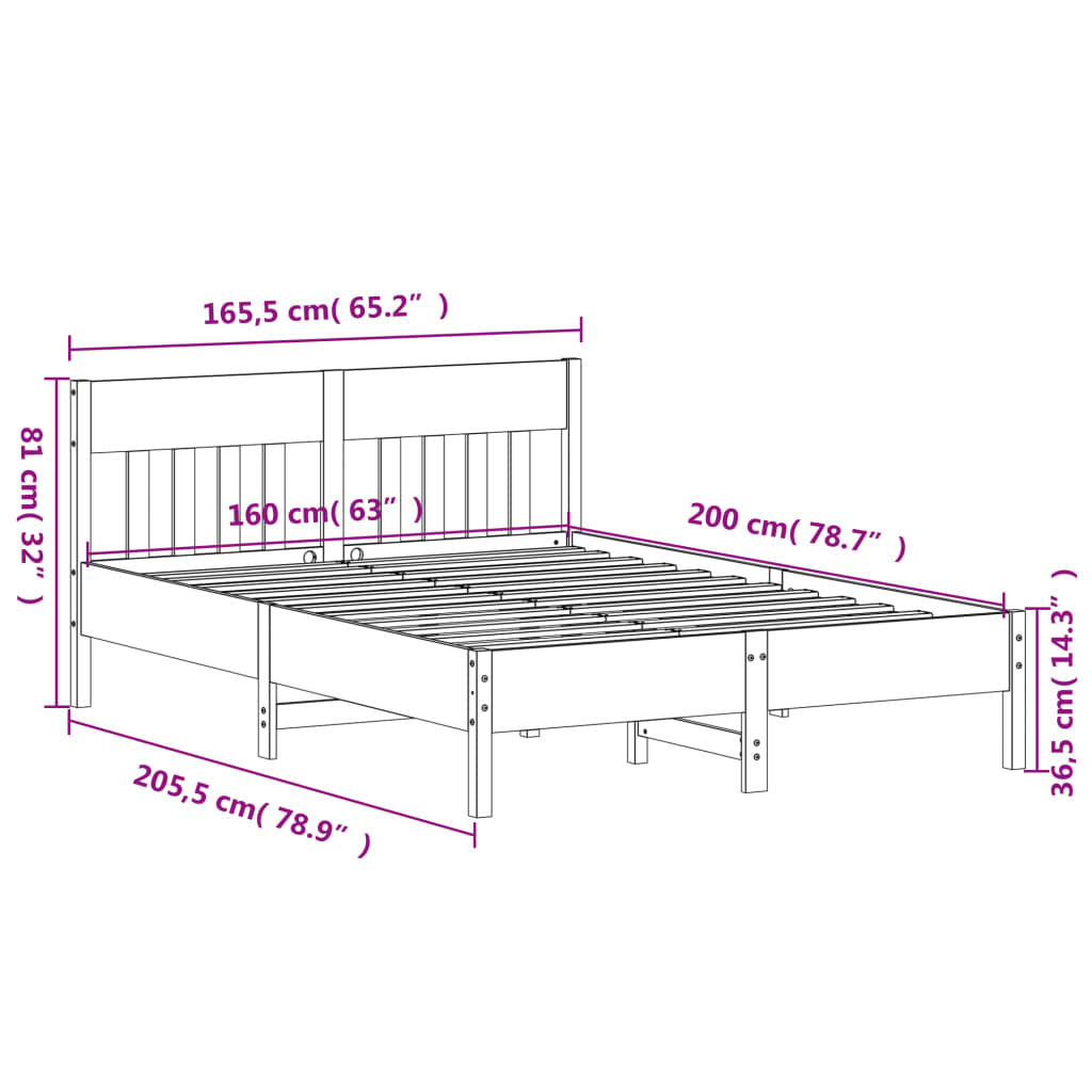 sengeramme uden madras 160x200 cm massivt fyrretræ hvid