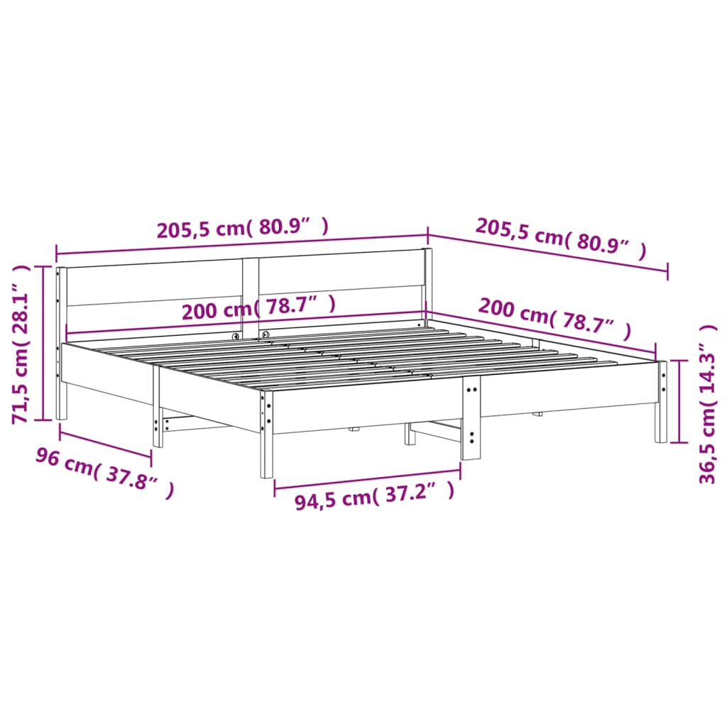 sengeramme uden madras 200x200 cm massivt fyrretræ hvid