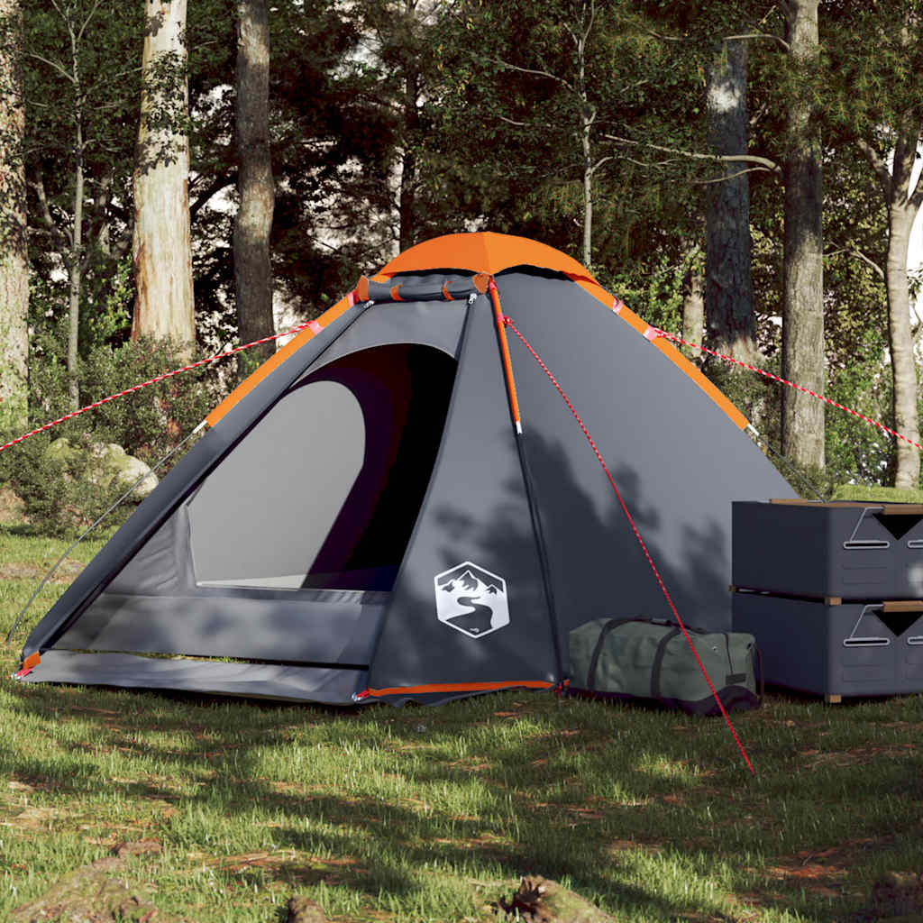 4-personers campingtelt - vandafvisende kuppeltelt i grå og orange