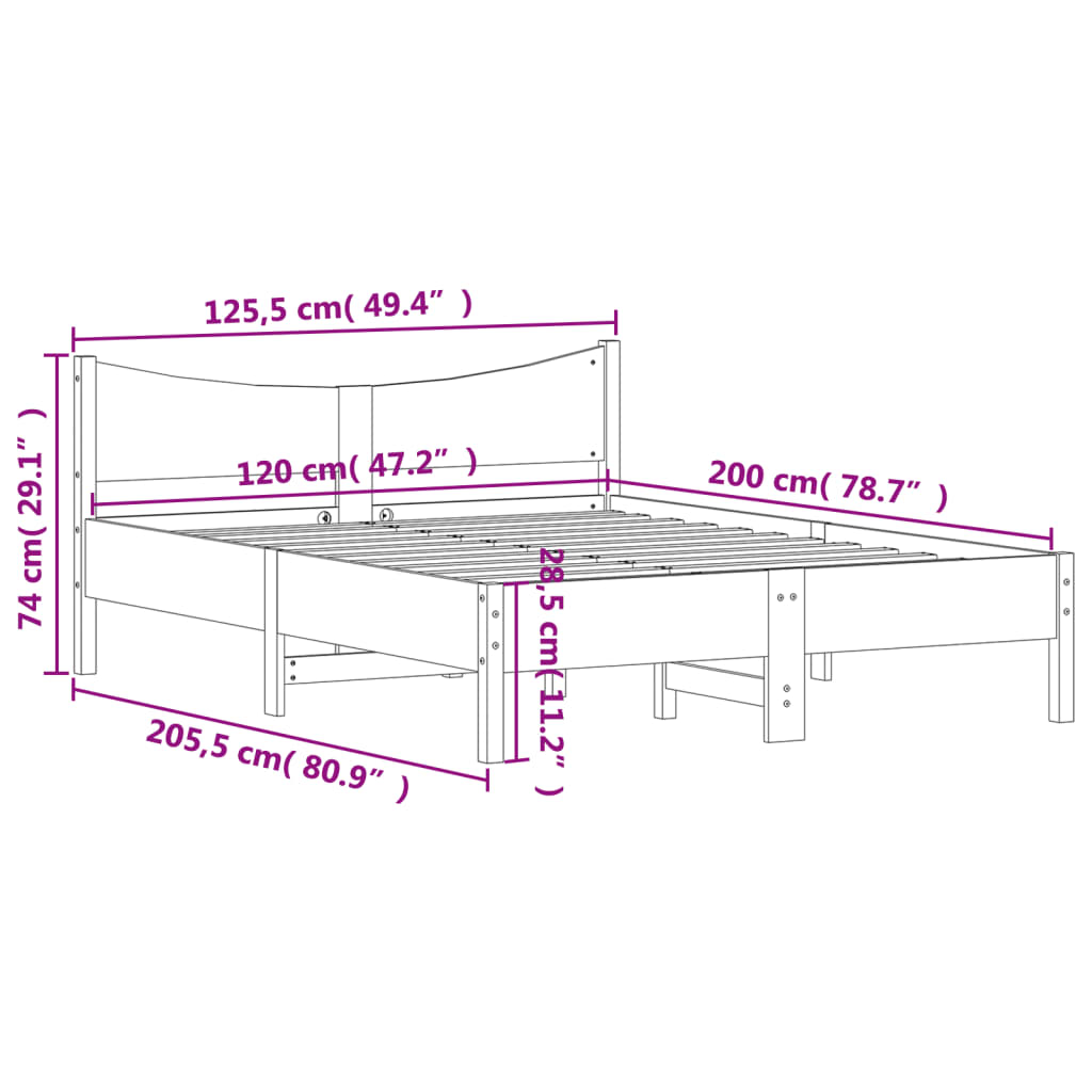 sengeramme uden madras 120x200 cm massivt fyrretræ hvid