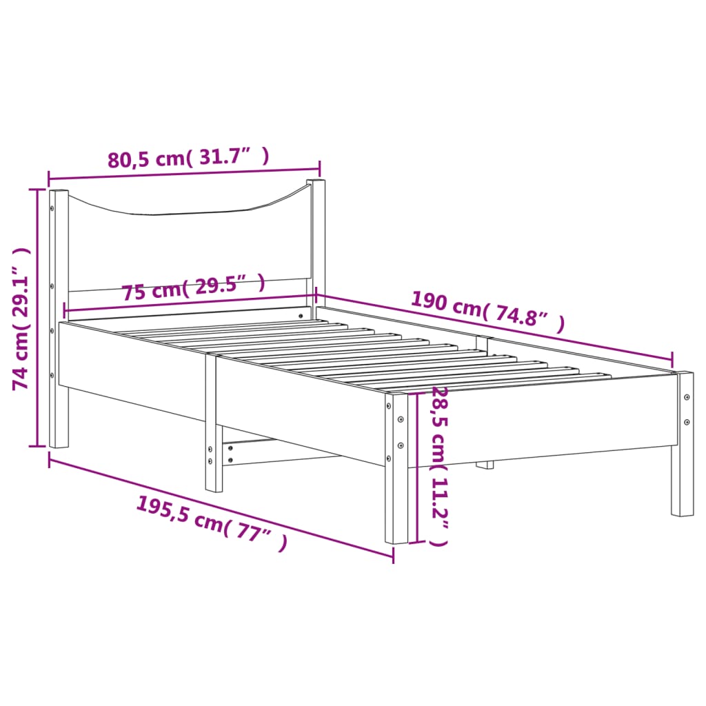 sengeramme uden madras 75x190 cm massivt fyrretræ hvid