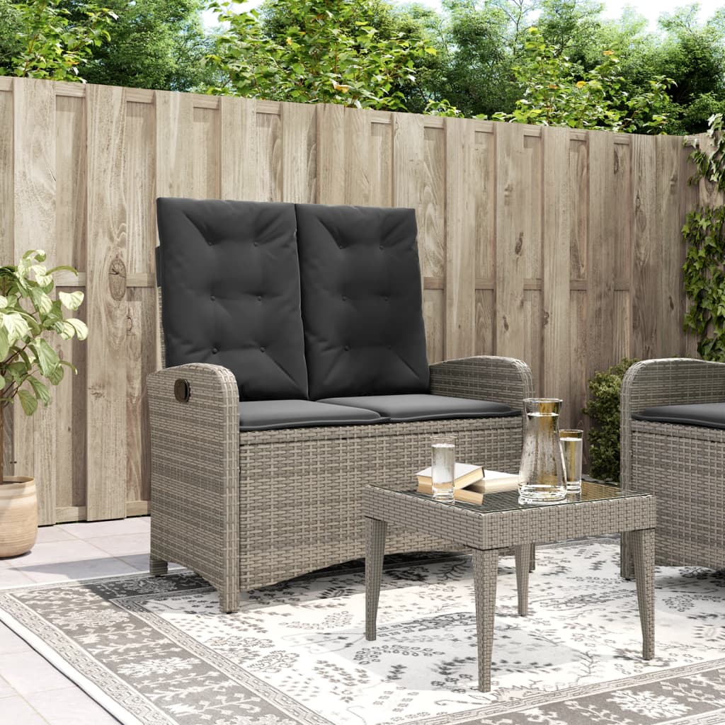 havebænk med hynder og lænefunktion polyrattan grå