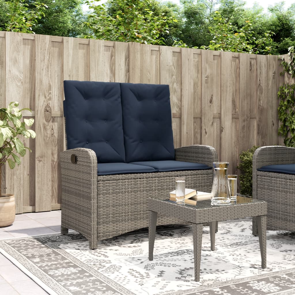 havebænk med hynder og lænefunktion polyrattan grå