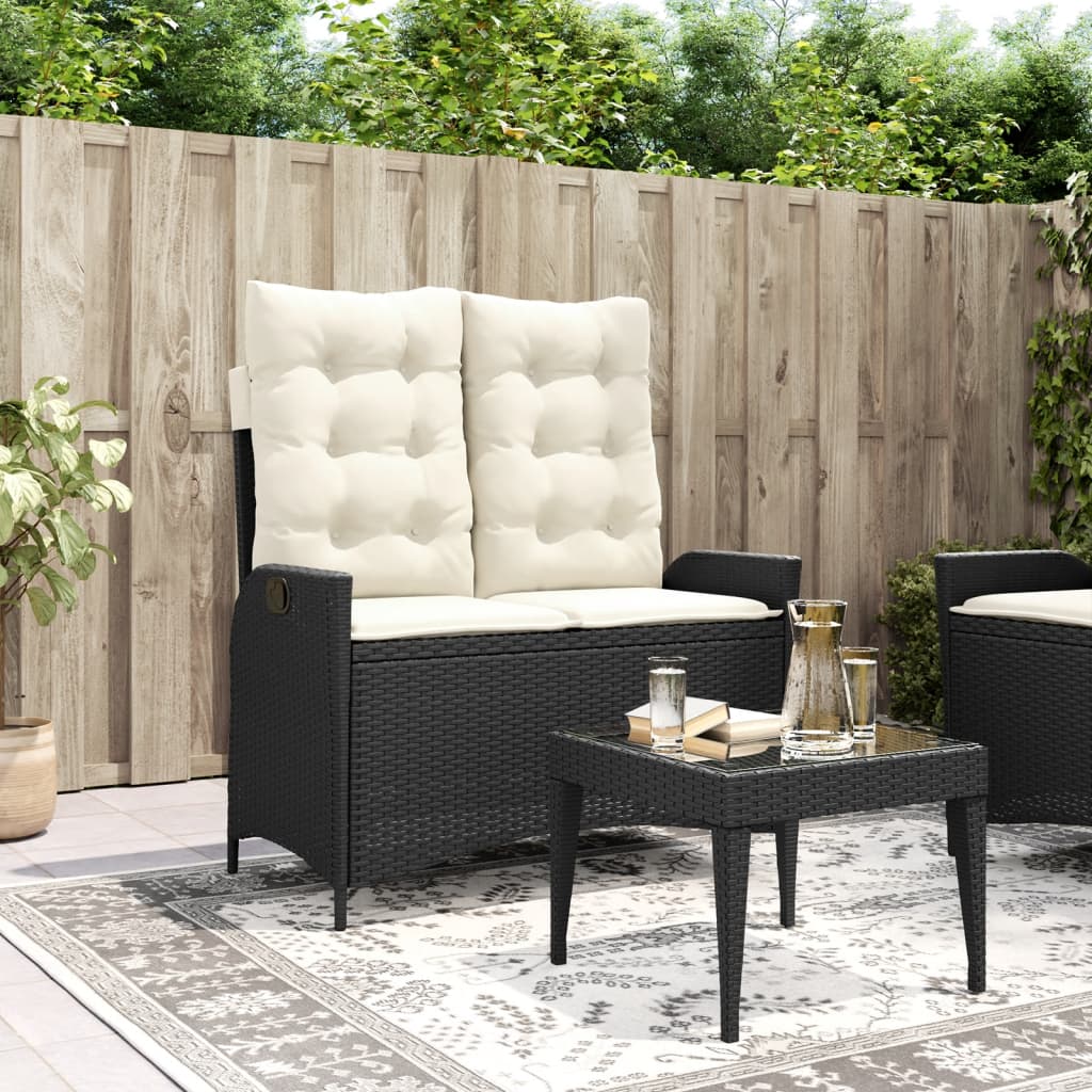 havebænk med hynder og lænefunktion polyrattan sort