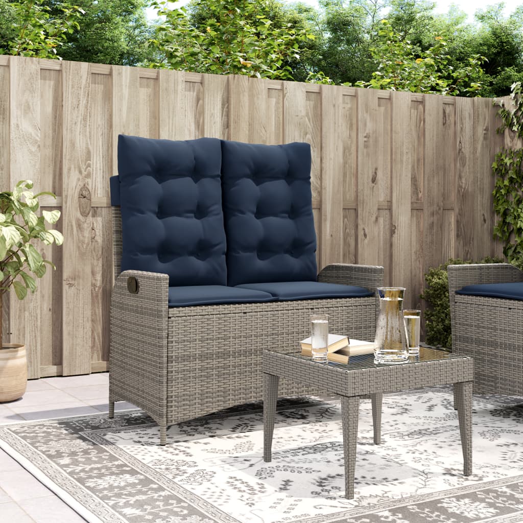 havebænk med hynder og lænefunktion polyrattan grå