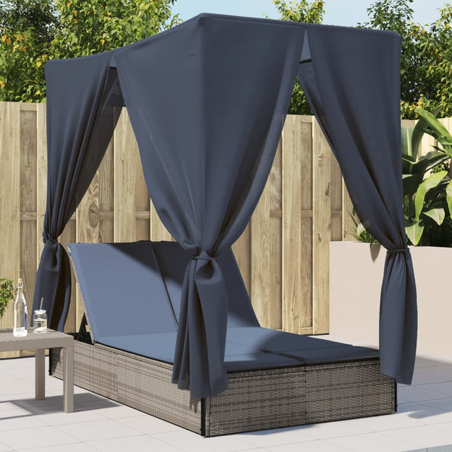 solseng med tag og gardiner polyrattan grå