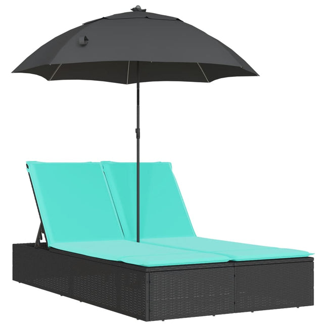 dobbelt loungesofa med hynder og parasol polyrattan sort