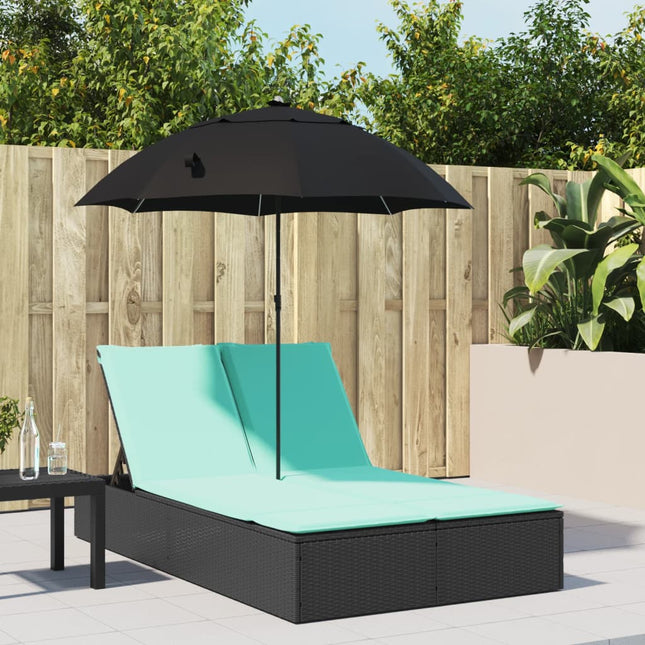 dobbelt loungesofa med hynder og parasol polyrattan sort
