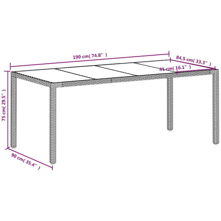 havebord med glastop 190x90x75 cm polyrattan hvid