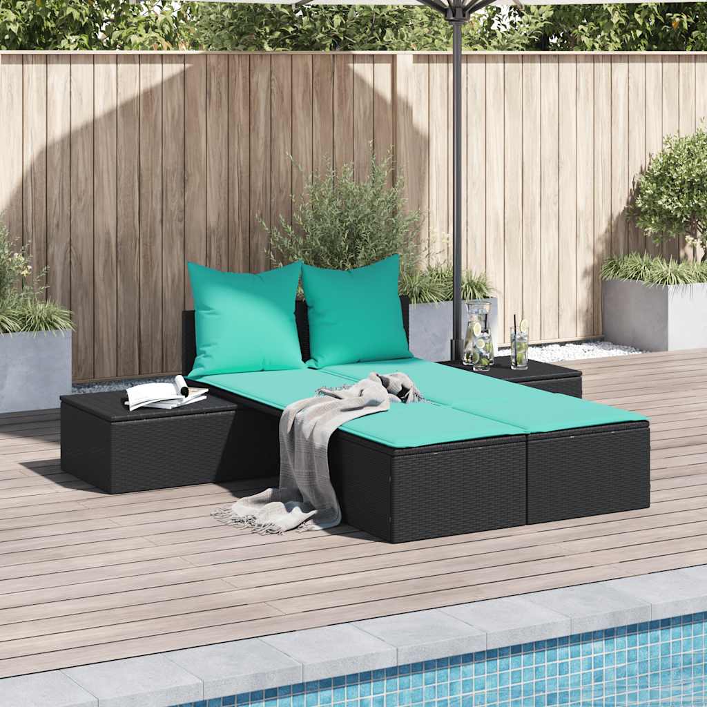 Dobbelt liggestol i sort polyrattan med turkise hynder