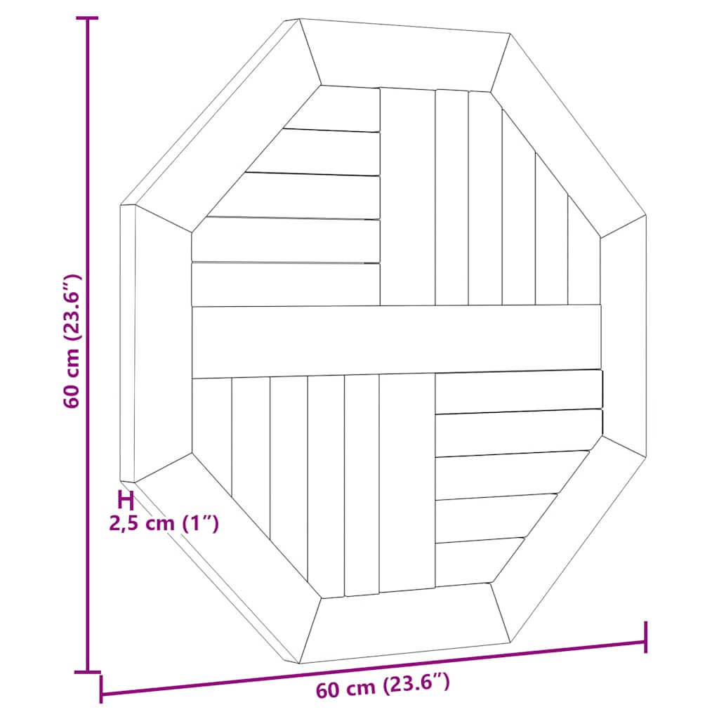 bordplade 60x60x2,5 cm ottekantet massivt teaktræ