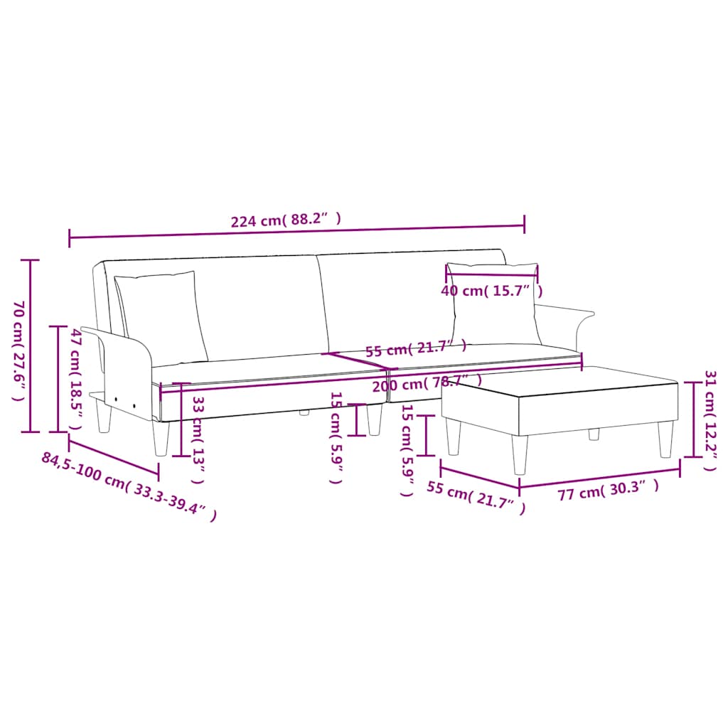 2-personers sovesofa med puder og fodskammel velour lysegrå