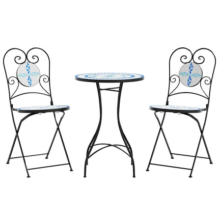 bistrosæt med mosaikdesign jern og keramik blå og hvid