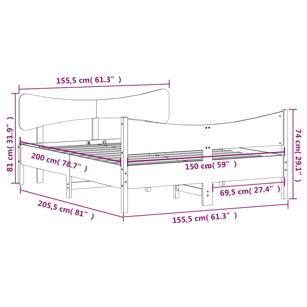 sengeramme uden madras 150x200 cm massivt fyrretræ hvid