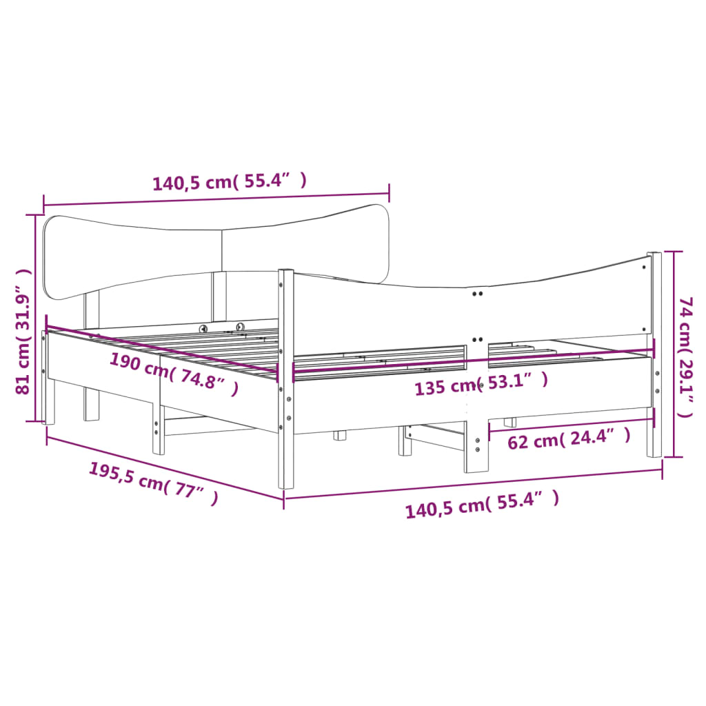 sengeramme uden madras 135x190 cm massivt fyrretræ brun