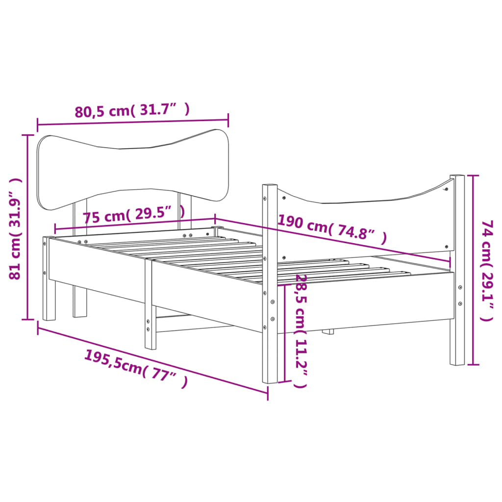 sengeramme uden madras 75x190 cm massivt fyrretræ hvid
