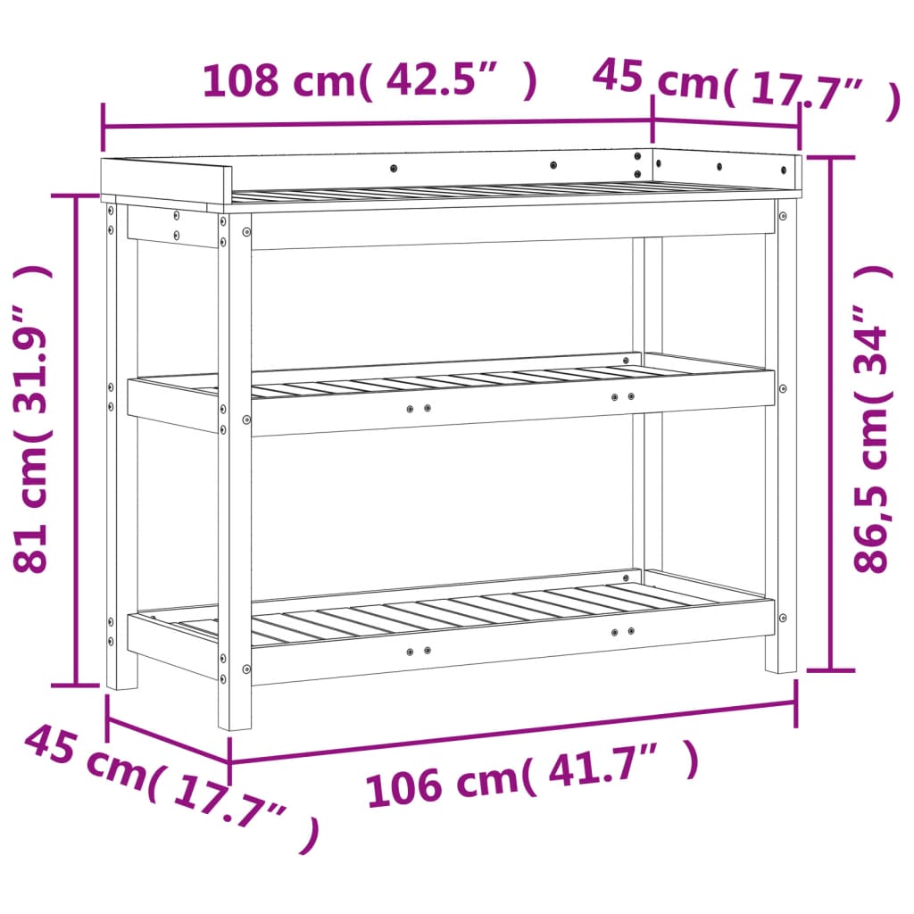plantebord med hylder 108x45x86,5 cm imprægneret fyrretræ