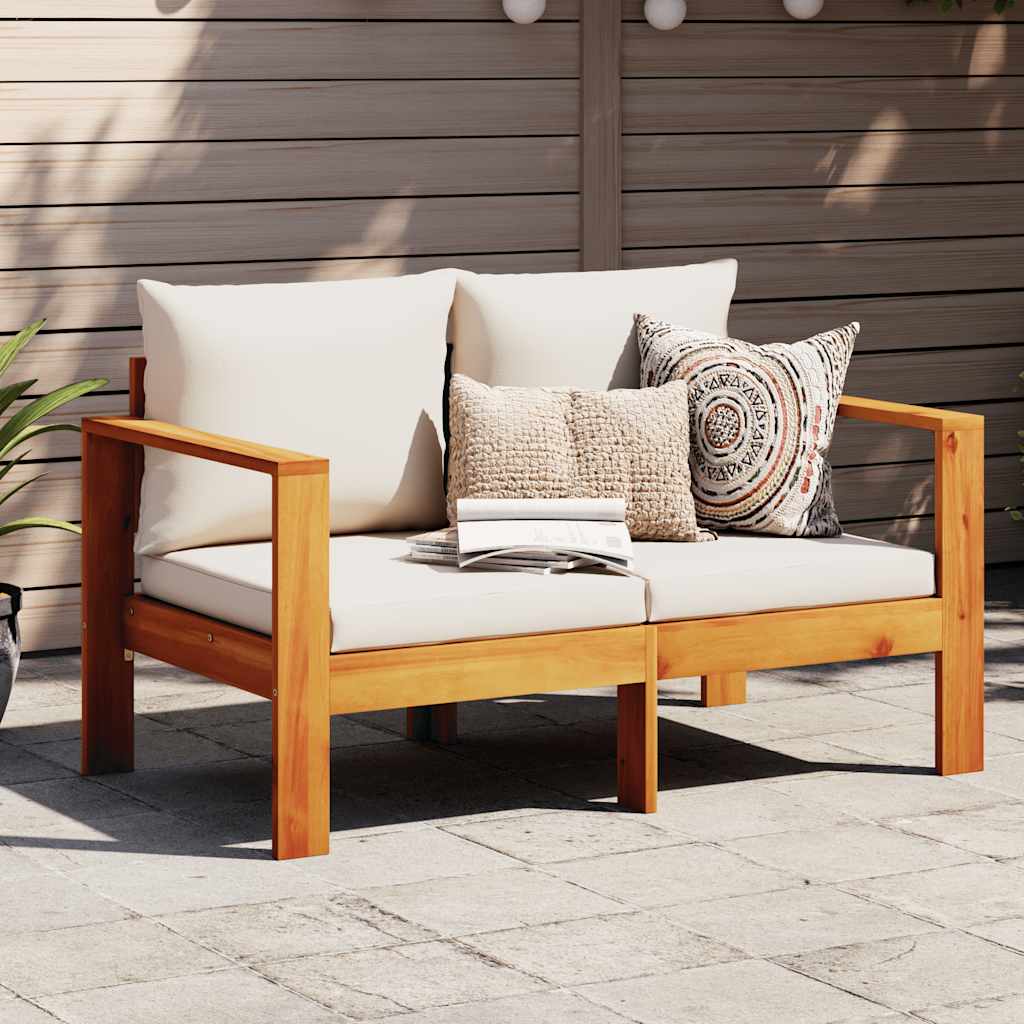 2-personers Havesofa Med Hynder Massivt Akacietræ - Creme / 2-Personers sofa med armlæn