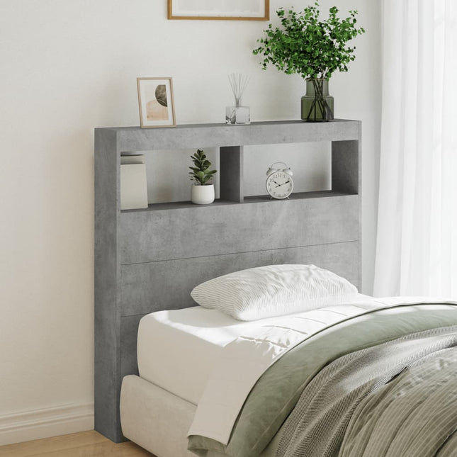 sengegavl med opbevaring og LED-lys 100x17x102 cm betongrå
