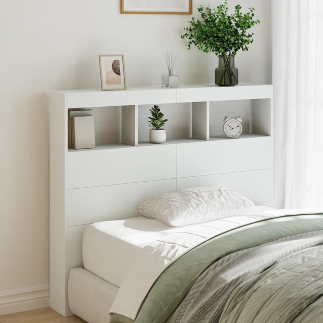 sengegavl med opbevaring og LED-lys 120x17x102 cm hvid