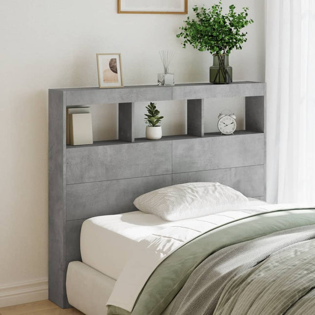 sengegavl med opbevaring og LED-lys 120x17x102 cm betongrå