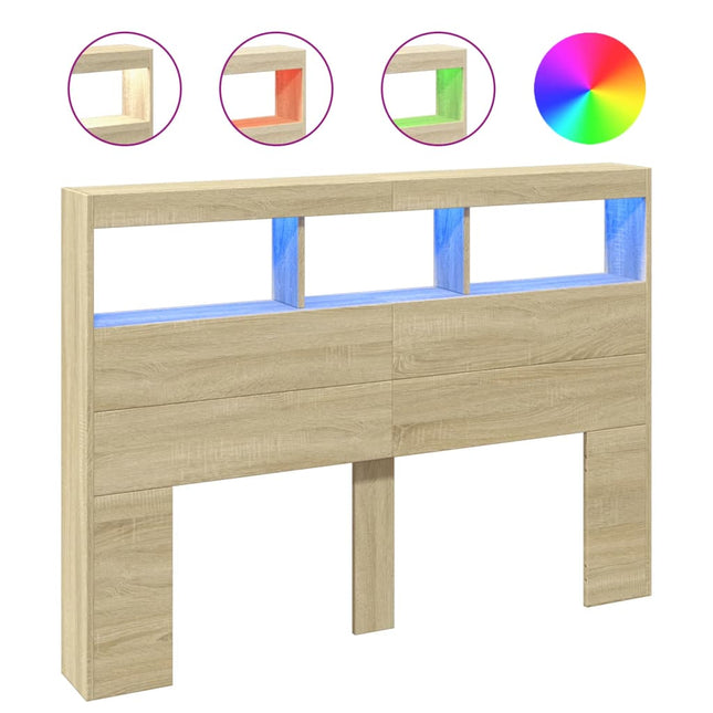 sengegavl med opbevaring og LED-lys 140x17x102 cm sonoma-eg