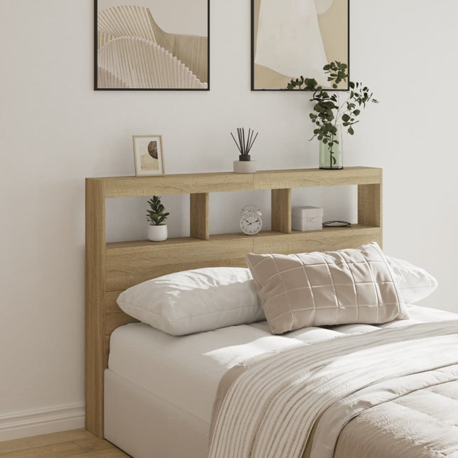sengegavl med opbevaring og LED-lys 140x17x102 cm sonoma-eg
