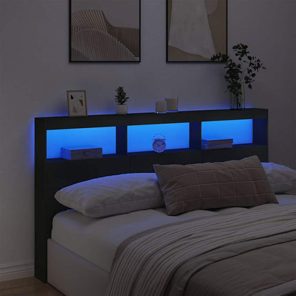 sengegavl med opbevaring og LED-lys 180x17x102 cm sort