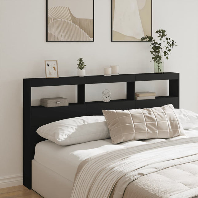 sengegavl med opbevaring og LED-lys 180x17x102 cm sort