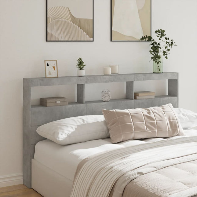 sengegavl med opbevaring og LED-lys 180x17x102 cm betongrå
