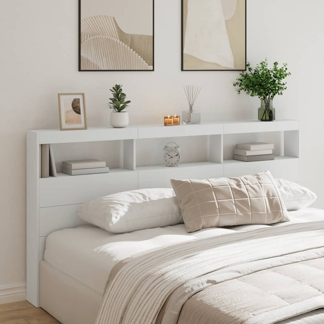sengegavl med opbevaring og LED-lys 200x17x102 cm hvid