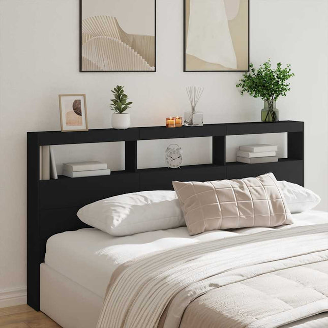 sengegavl med opbevaring og LED-lys 200x17x102 cm sort