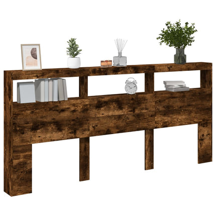 sengegavl med opbevaring og LED-lys 220x17x102 cm røget eg