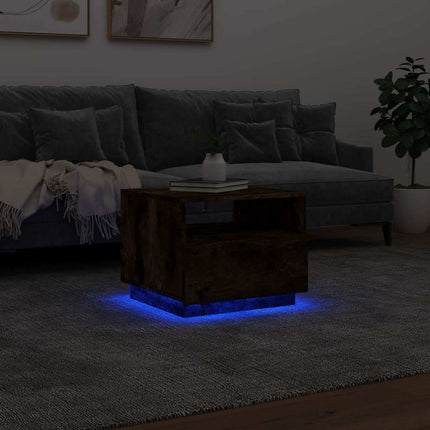 sofabord med LED-lys 50x49x40 cm røget egetræsfarve