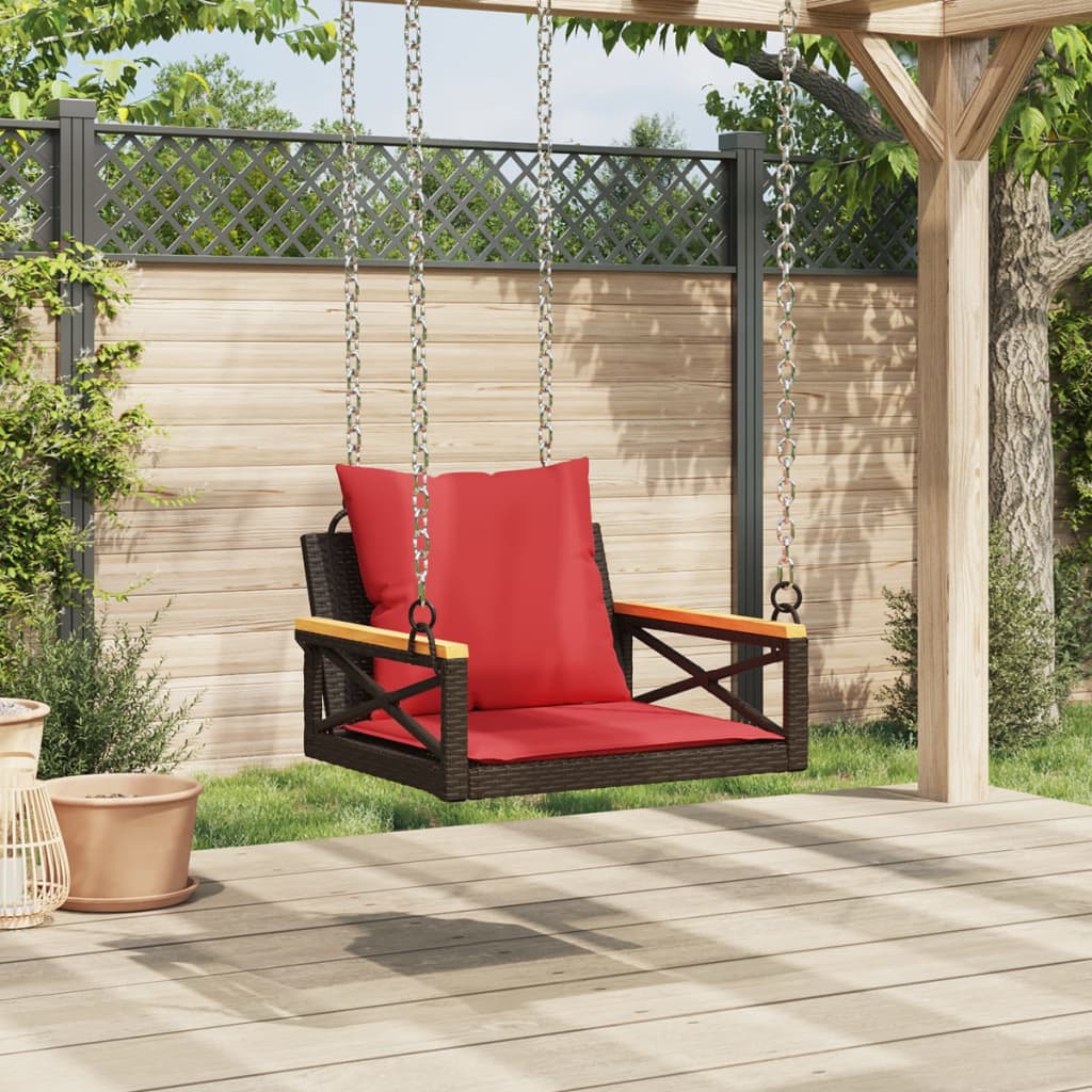 gyngebænk med hynder 63x62x40 cm polyrattan brun
