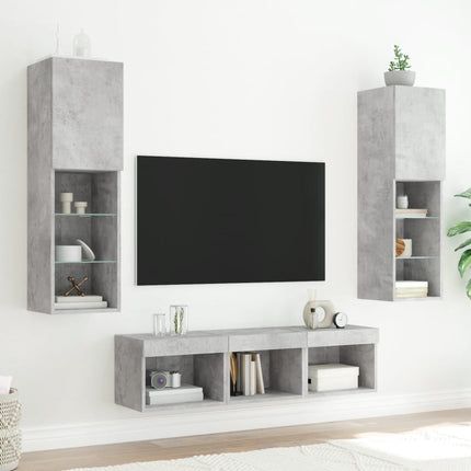 tv-møbel til væg 5 dele med LED-lys konstrueret træ betongrå